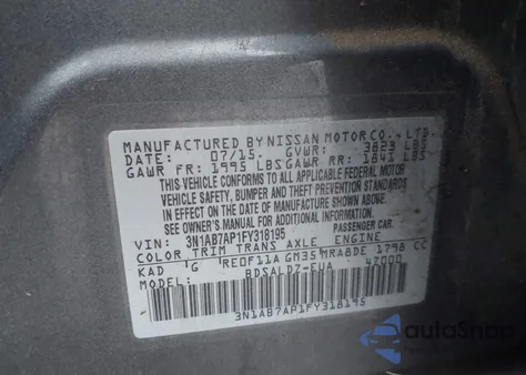 2015 Nissan Sentra Fe+ S/S/Sl/Sr/Sv из США, поврежденный, VIN 3N1AB7AP1FY318195